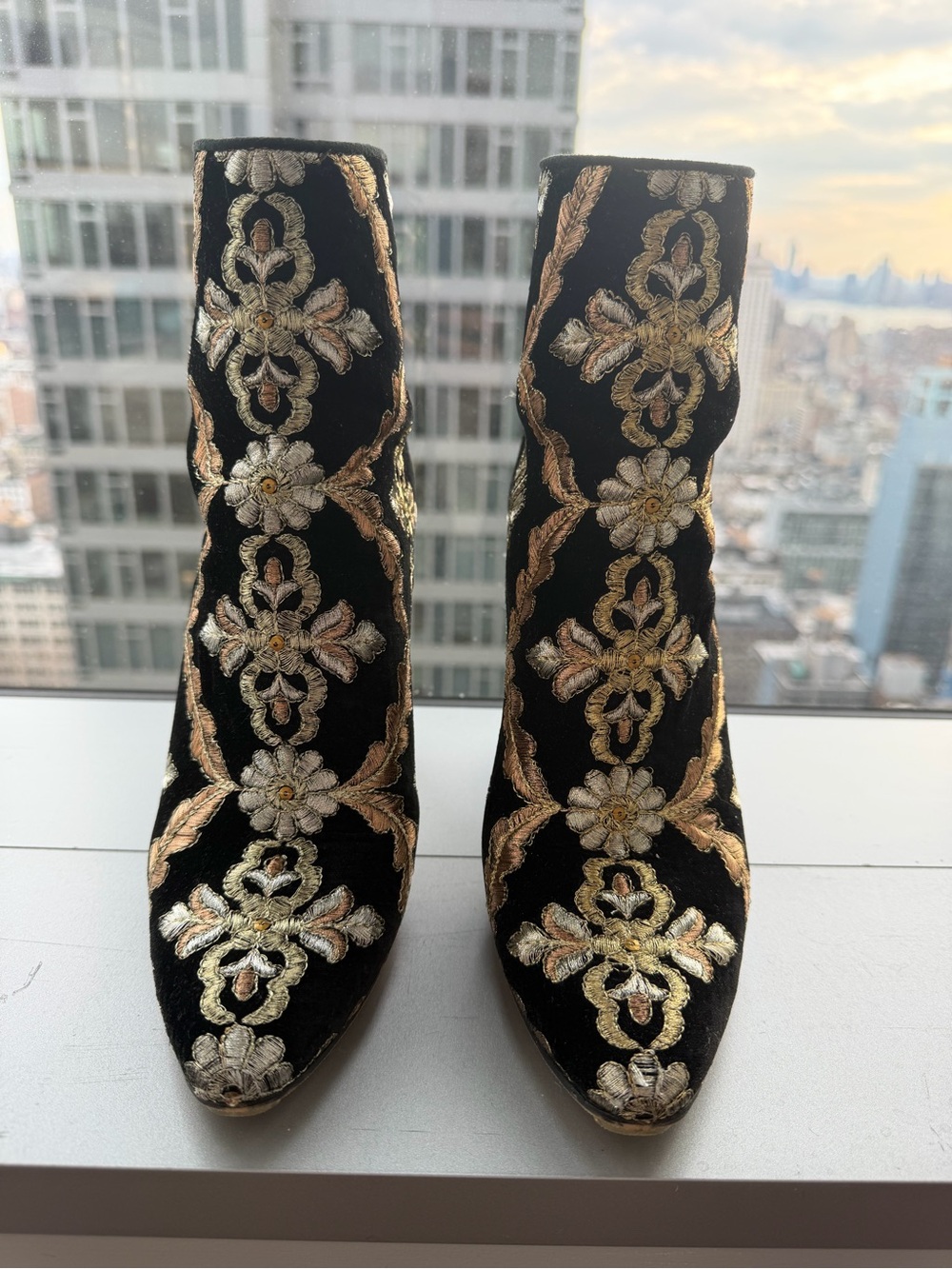 Manolo Blahnik Black Velvet Ankle Boots with Gold and Cream Embroidery